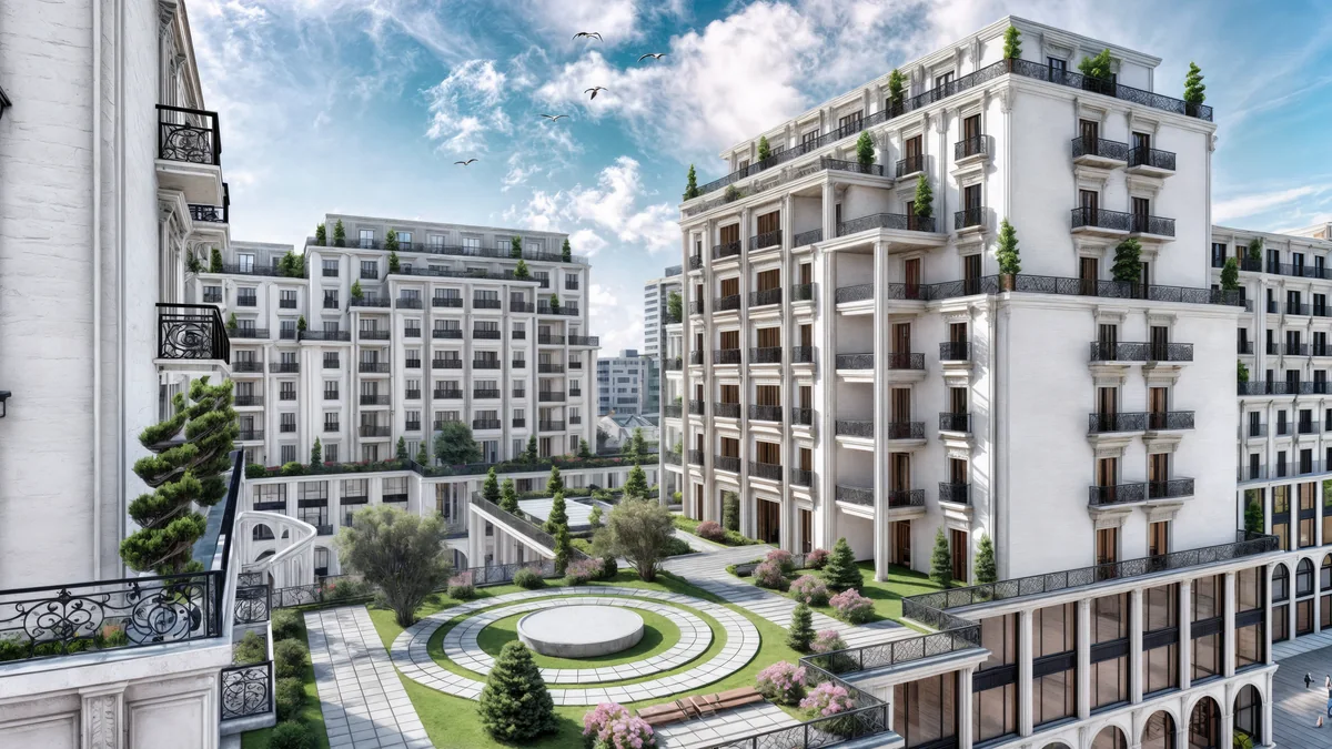 Circular landscaped podium and residential facades at Meydan Kartal