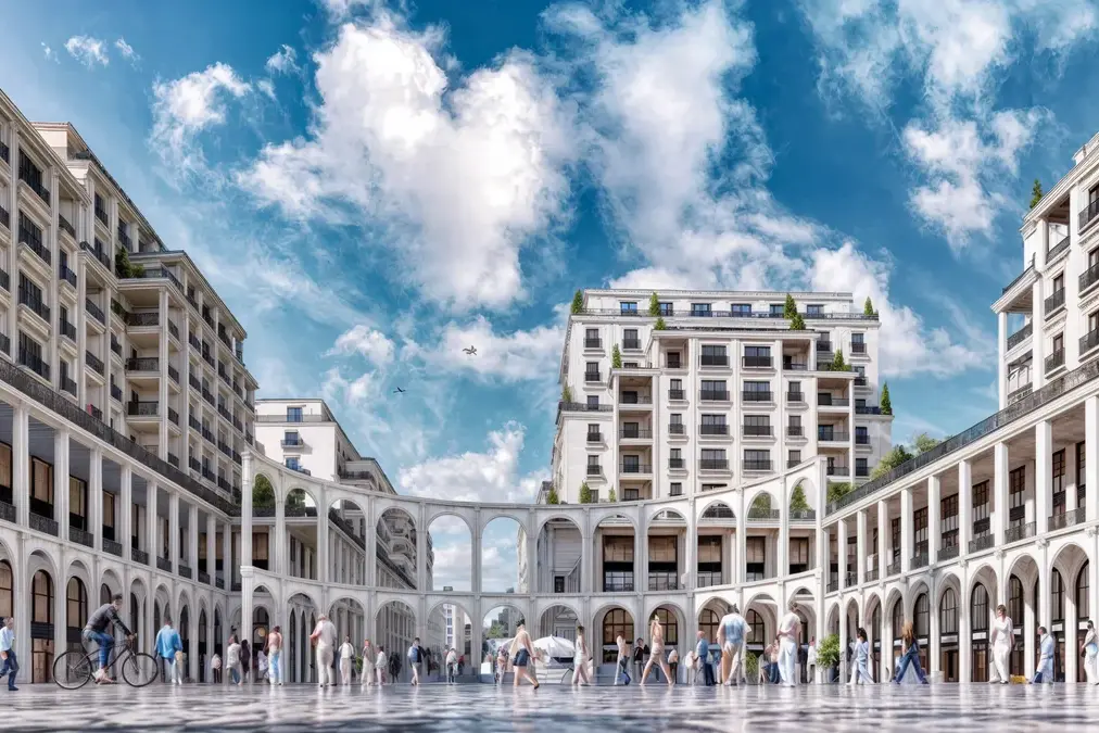 Meydan Kartal public square framed by curved arcades and residential buildings