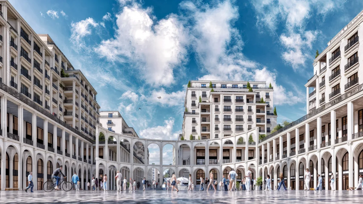 Meydan Kartal public square framed by curved arcades and residential buildings