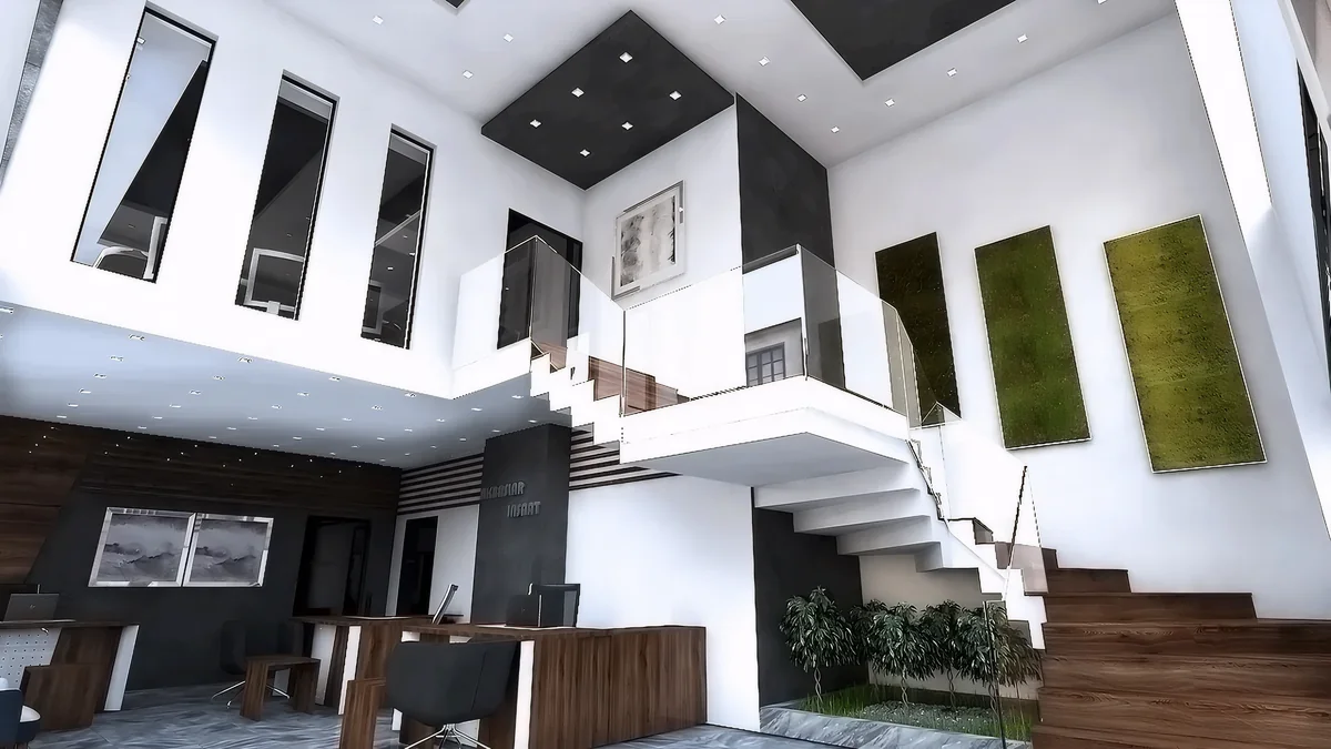 Akbaş İnşaat office staircase with wood treads, a white underside, glass rails and green wall panels