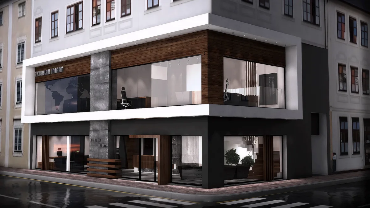 Akbaş İnşaat Headquarters street corner with glazing, wood cladding and company signage