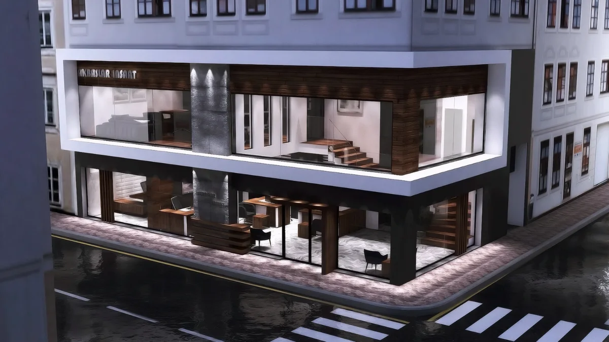Elevated view of Akbaş İnşaat Headquarters showing the wood facade, glazing and street corner