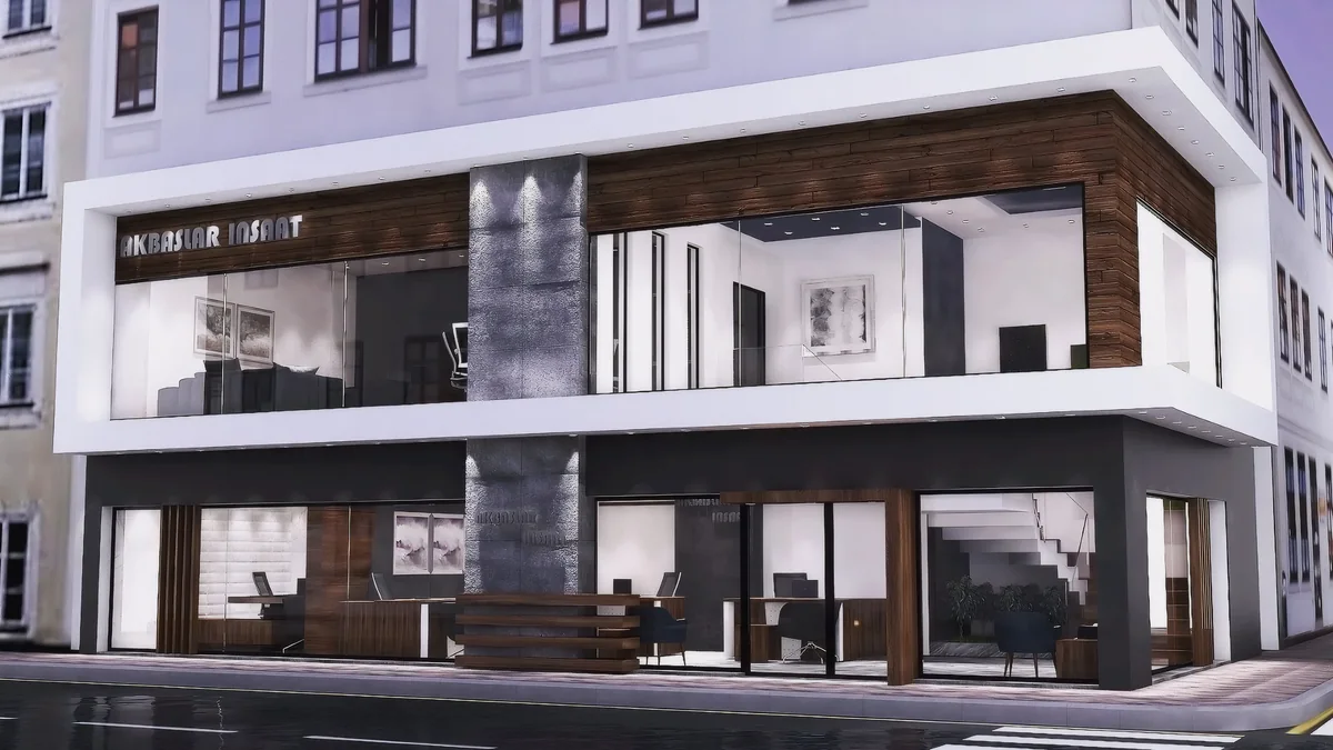 Akbaş İnşaat office front facade with glazed workspaces beneath a wood-clad upper floor