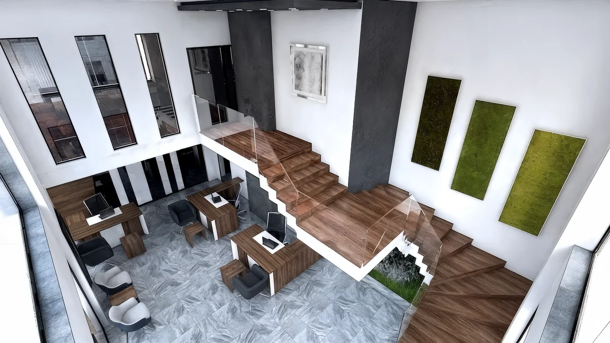 Akbaş İnşaat office with wood stairs, glass balustrades, black columns and workstations