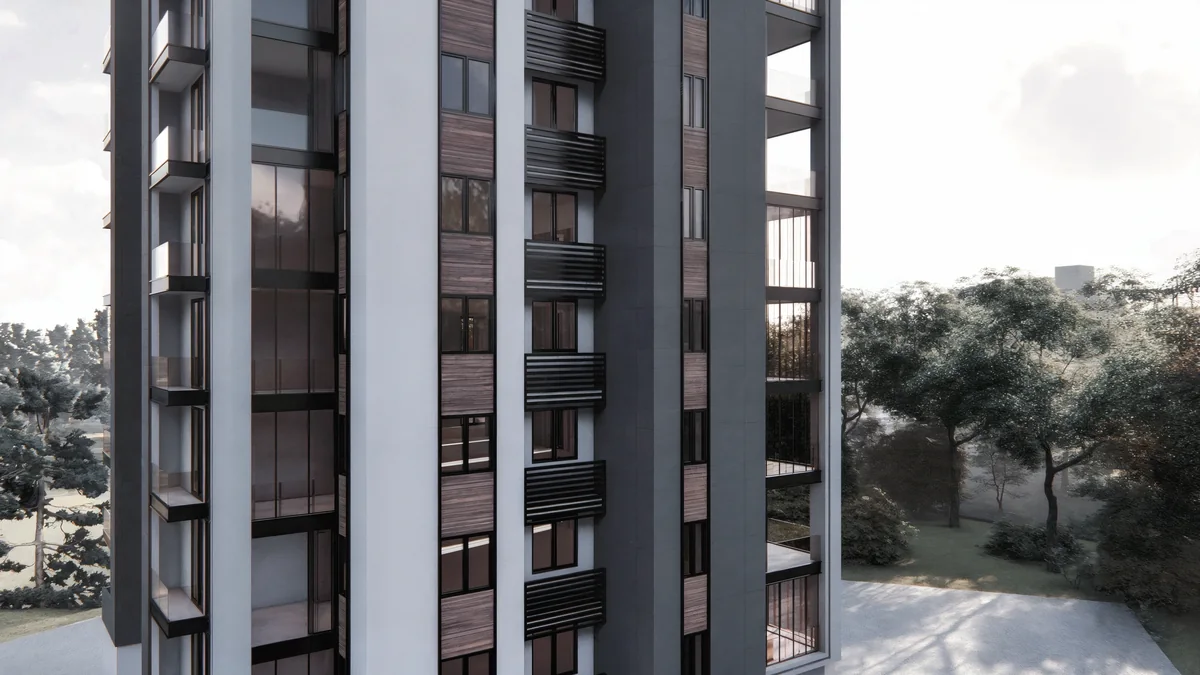 Doğa tower facade detail with wood-toned panels, glazing and horizontal screens