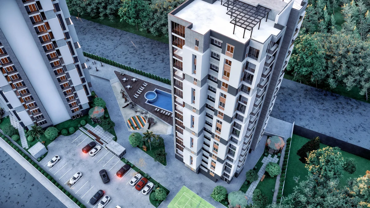 Aerial Doğa view showing tower roof frames, parking, pool and recreation areas
