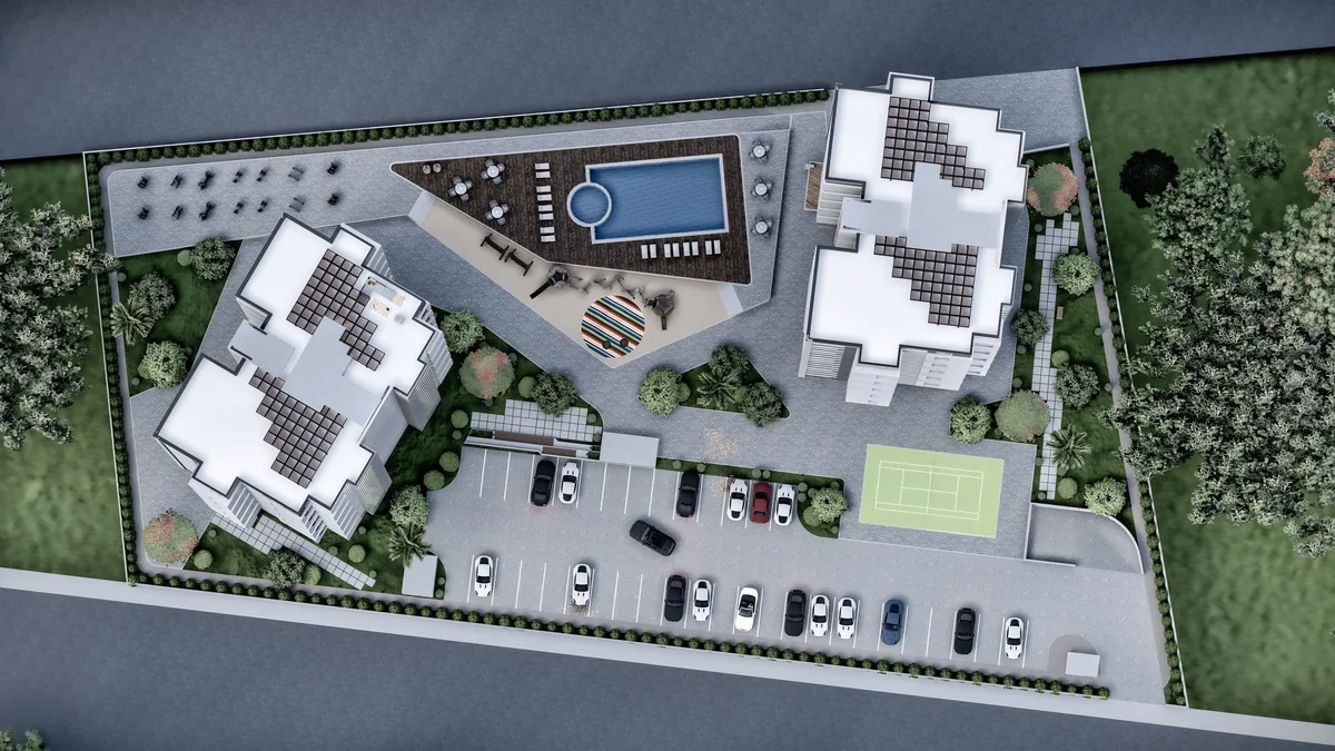 Overhead rendered view of Doğa towers, pool, parking and landscaped recreation areas