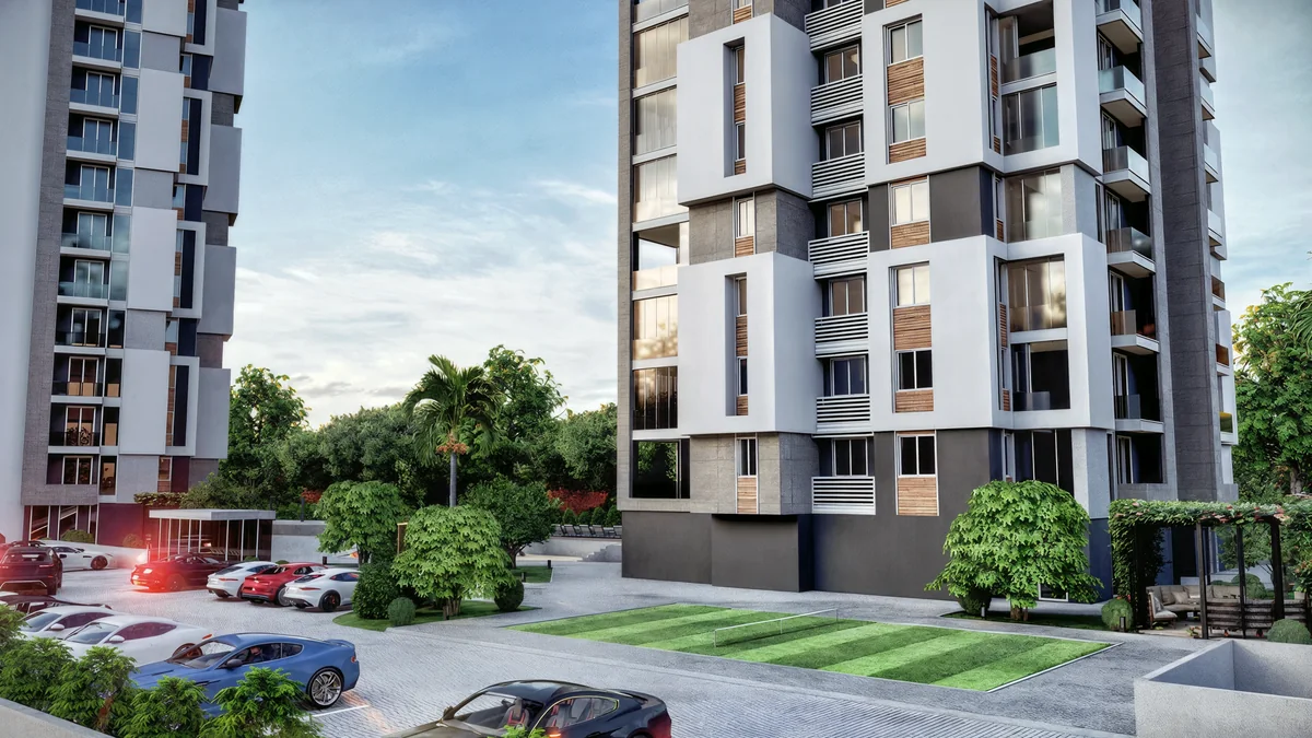 Doğa residential arrival with parking, a small recreation court and garden pergola