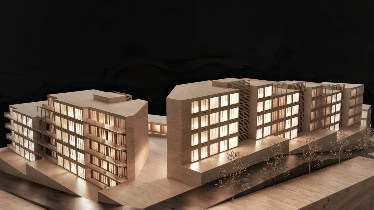 Elevated rear model view of Cennet Çınarcık with roof pergolas and vertical screened cores