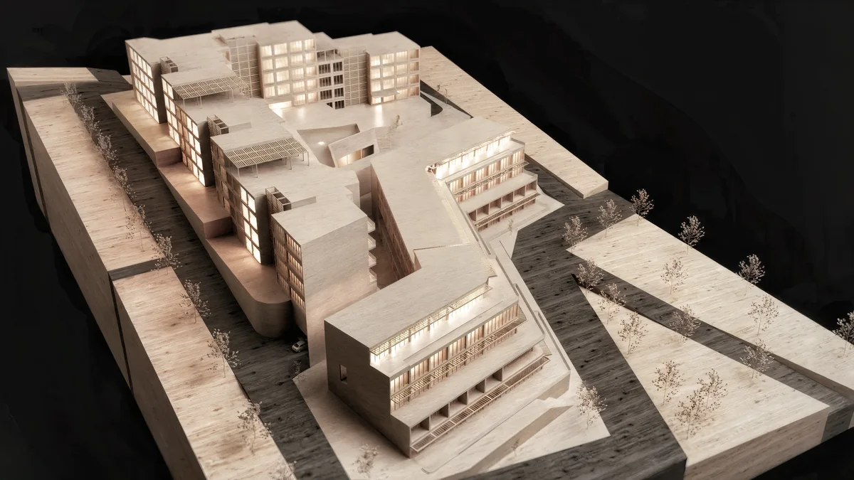 Reverse aerial model view of Cennet Çınarcık with stepped blocks and courtyard circulation