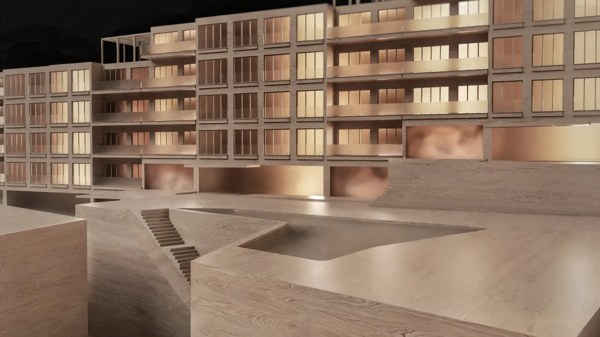 Wooden-model visualisation of Cennet Çınarcık with terraced blocks, courtyard and steps