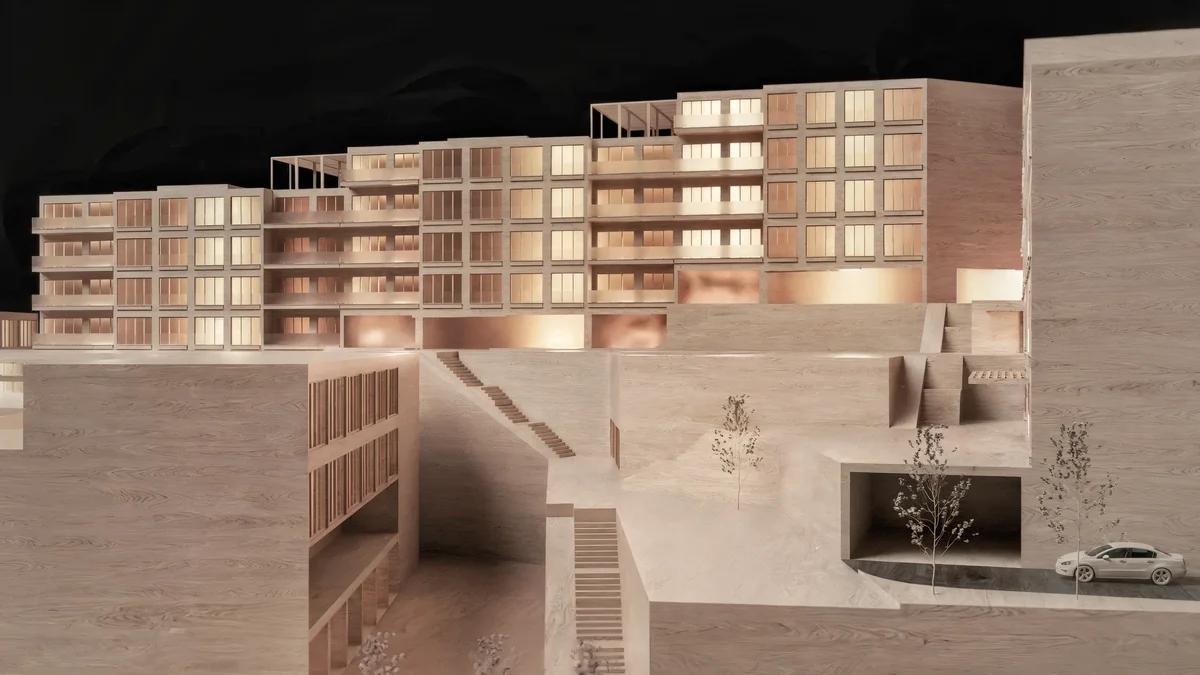 Cennet Çınarcık architectural model showing stair connections between courtyard levels