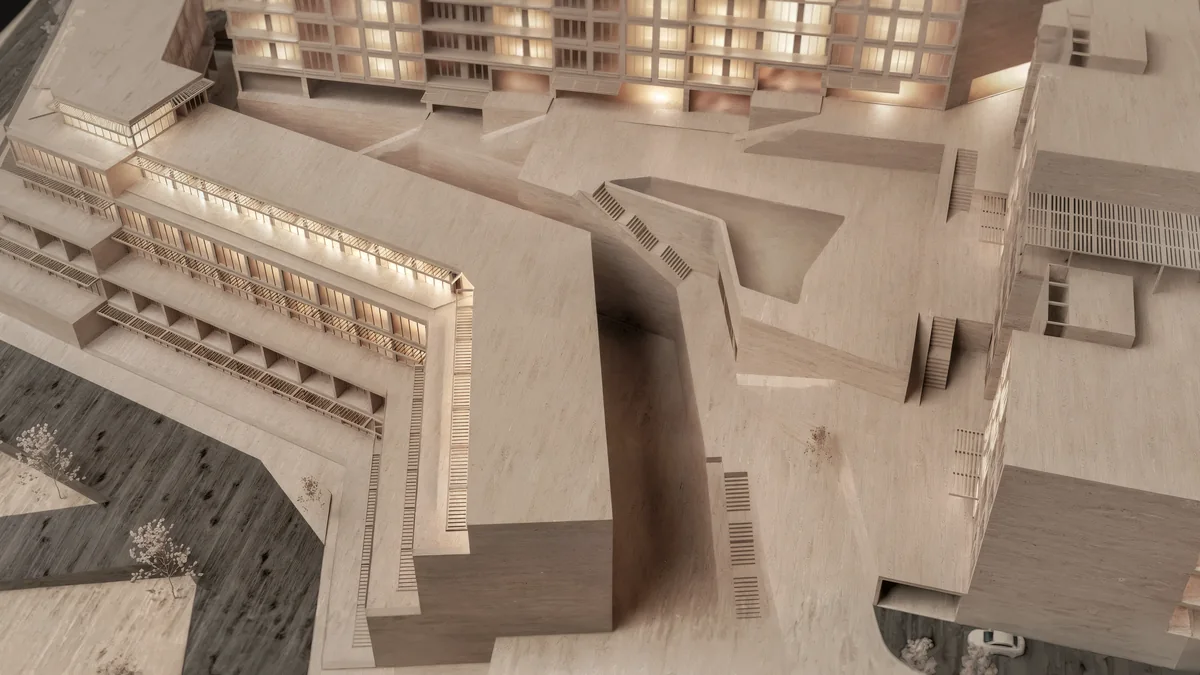 Cennet Çınarcık wooden model with angular courtyard basin, terraces and connecting stairs