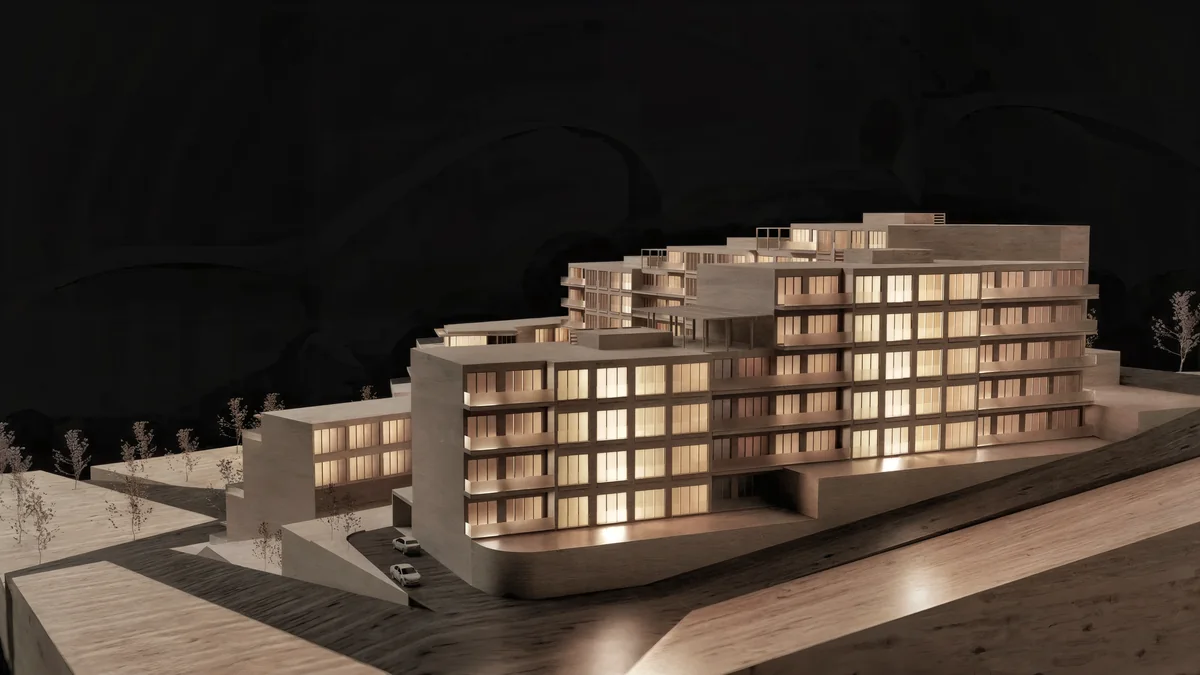 Cennet Çınarcık wooden model showing rear access, parked cars and stepped residential blocks