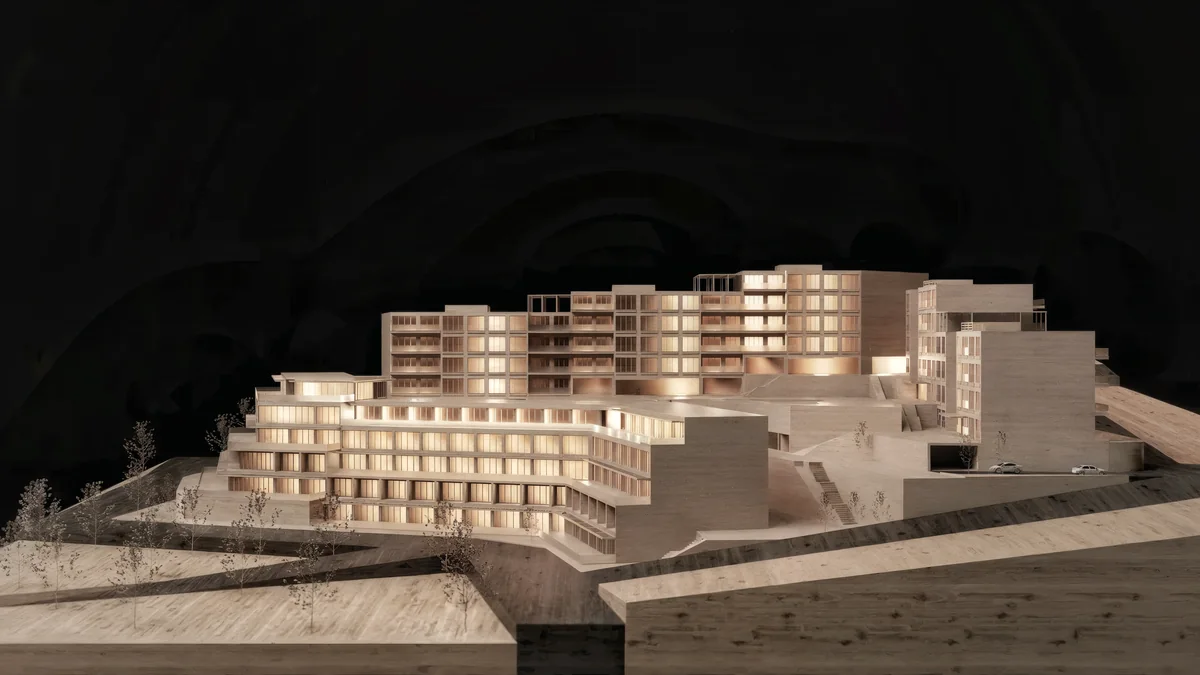 Cennet Çınarcık wooden architectural model showing terraced housing, courtyard and entry
