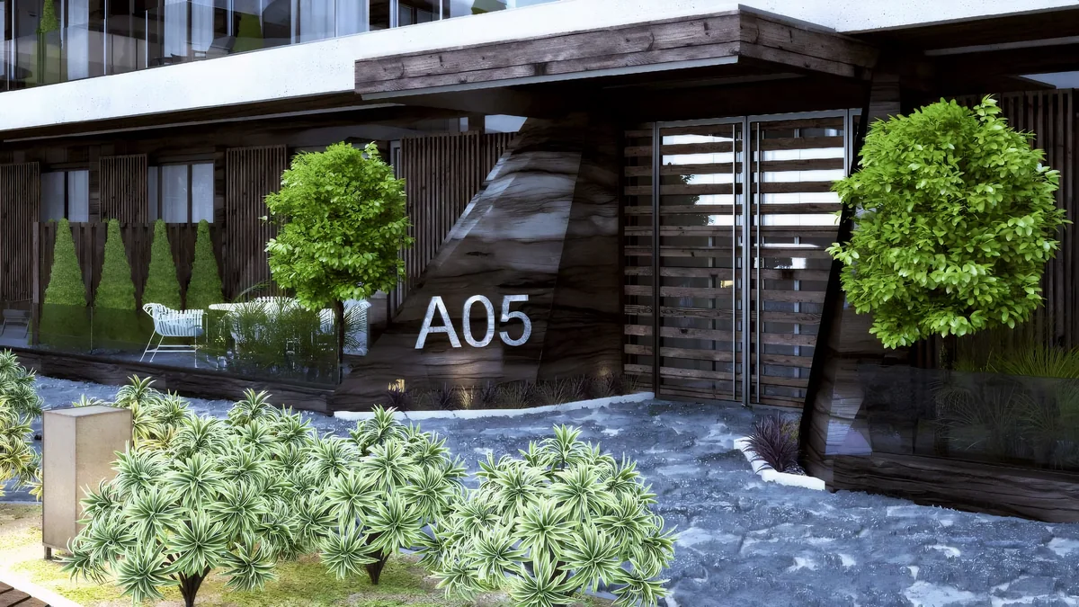Cennet Yalova apartment entrance framed by dark stone, slatted doors and planting
