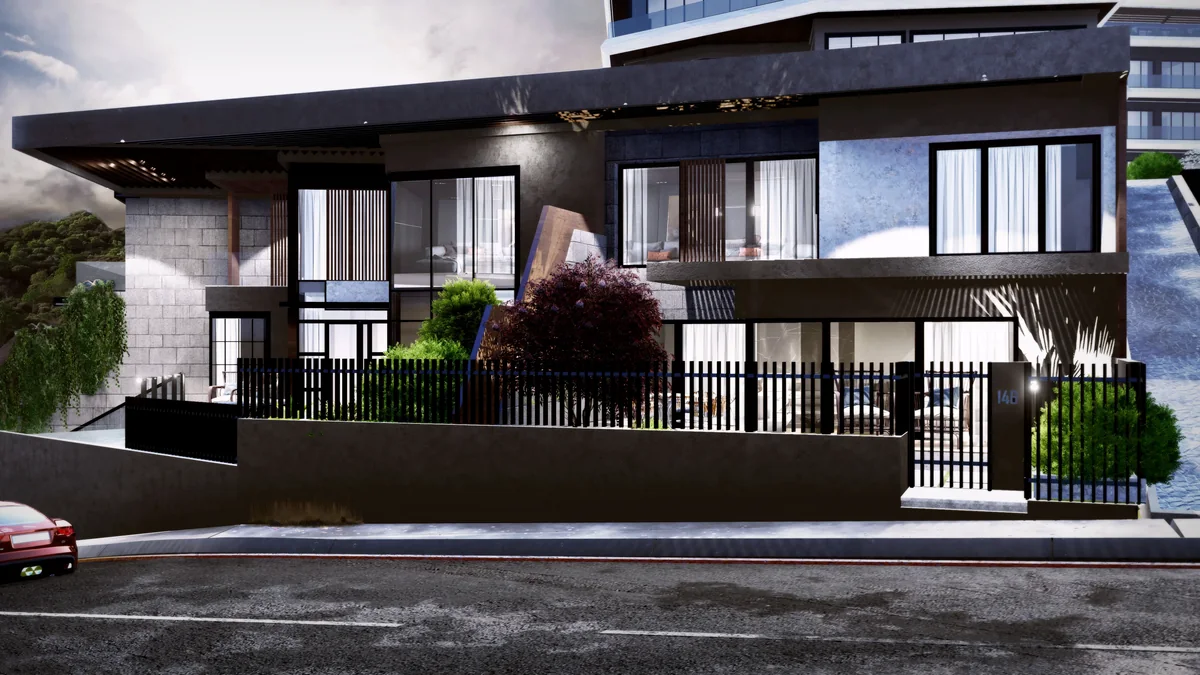 Cennet Yalova street-facing villa facade with wide glazing, stone walls and a planted garden