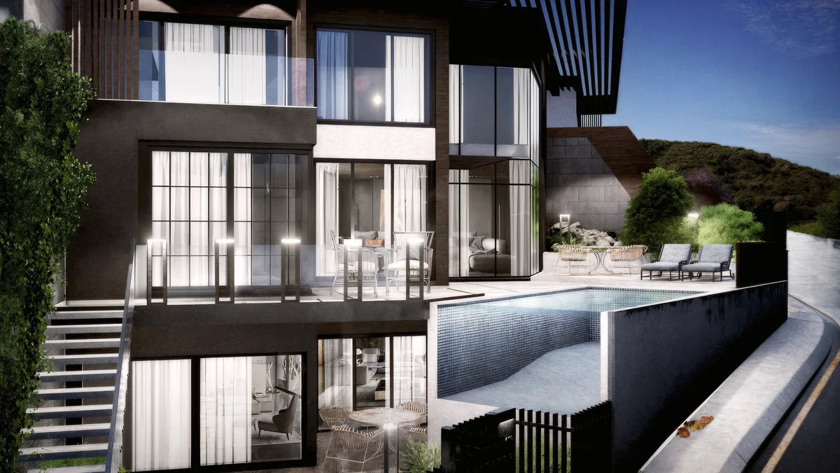 Cennet Yalova villa corner with a raised pool, glazed living spaces and an outdoor stair