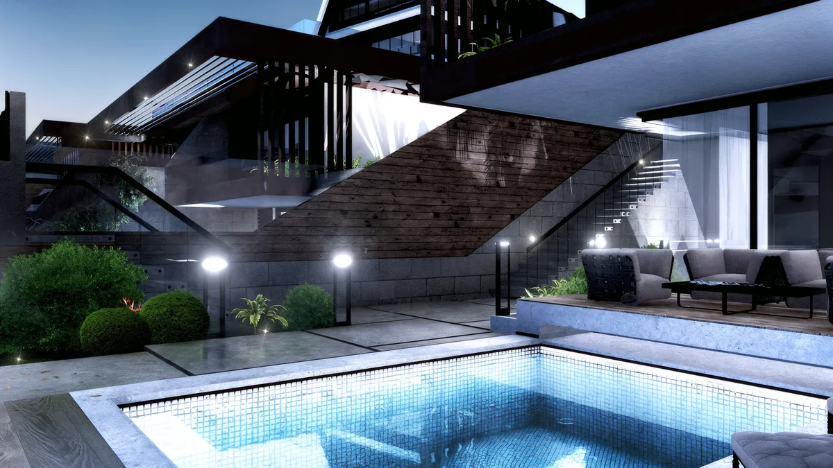 Cennet Yalova private pool terrace beside outdoor seating and a timber-clad stair wall