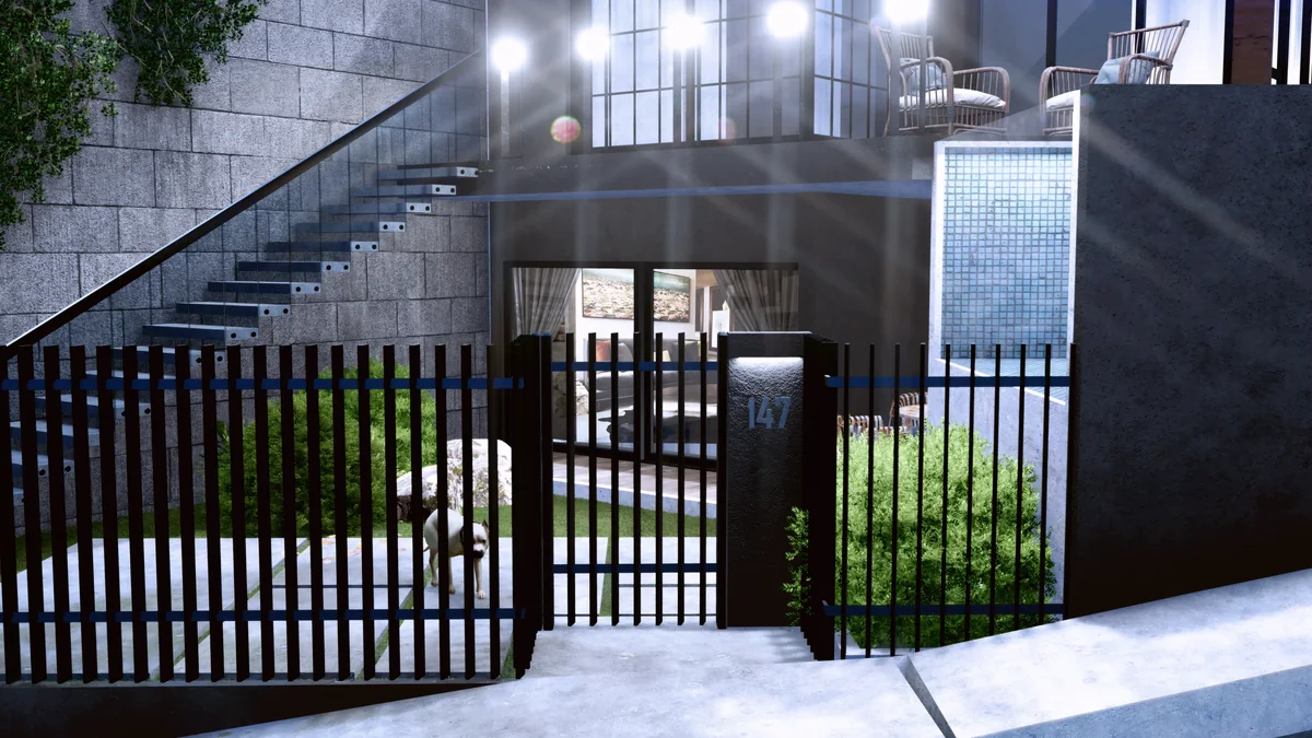 Cennet Yalova private entrance with a metal gate, outdoor stair and split-level garden
