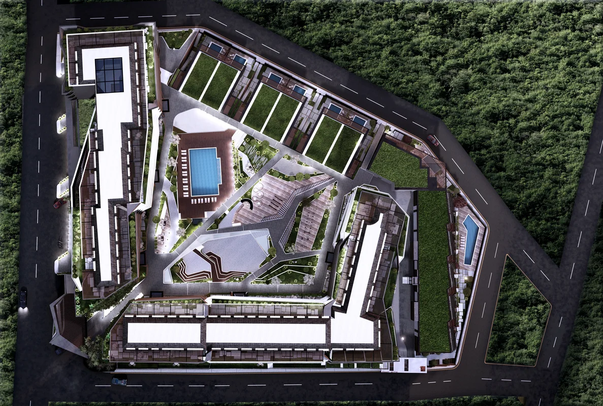 Cennet Yalova overhead site visualisation showing residential blocks, planted roofs and a central pool