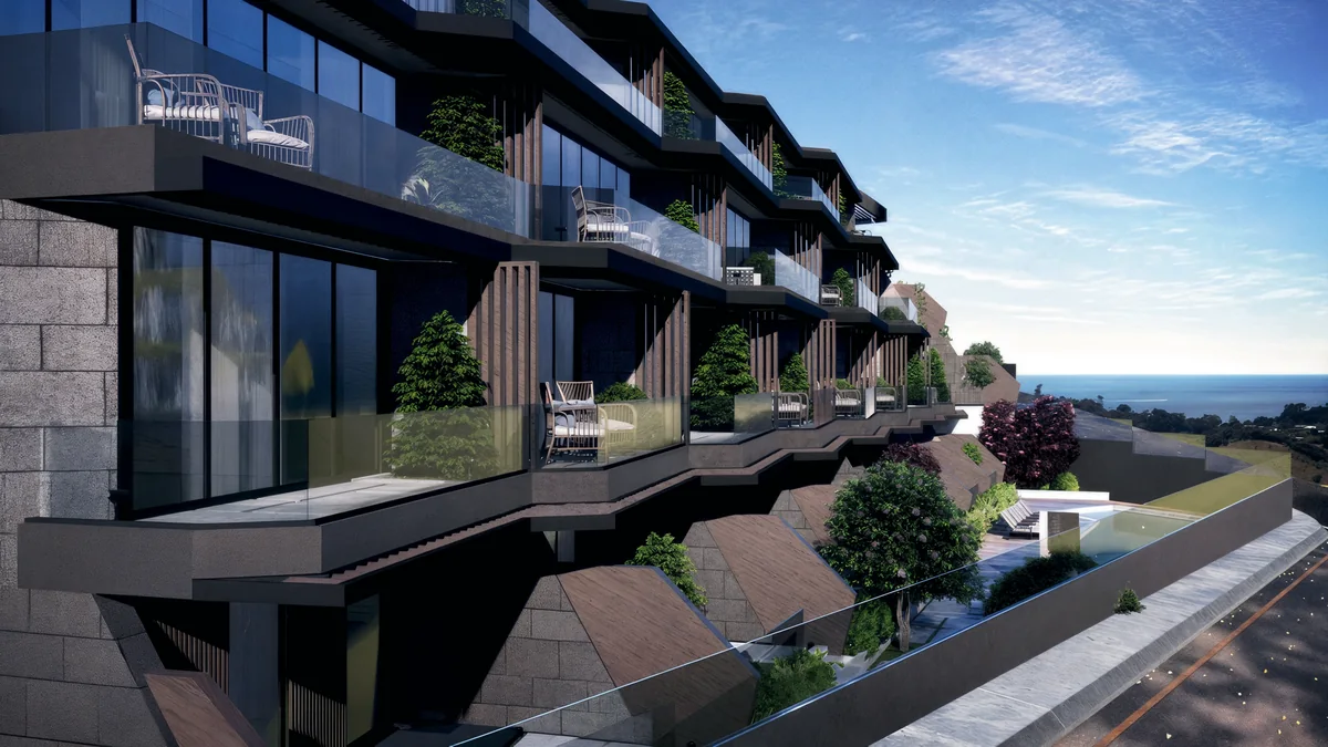 Cennet Yalova stepped glass balconies with vertical screens and planted ledges