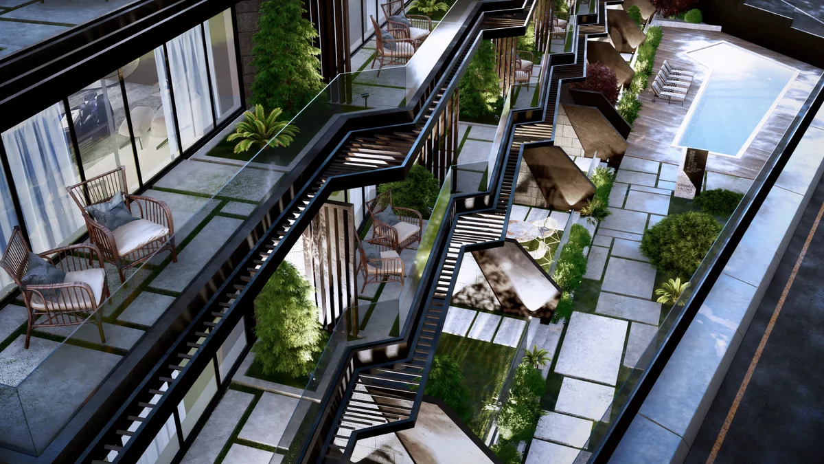 Cennet Yalova elevated detail of glazed balconies, planting and staggered sunshades
