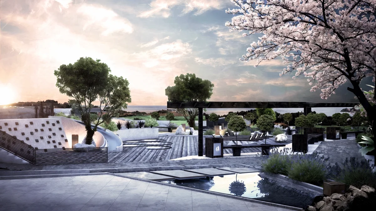 Cennet Yalova courtyard with a curved play wall, pergola seating and a shallow water feature