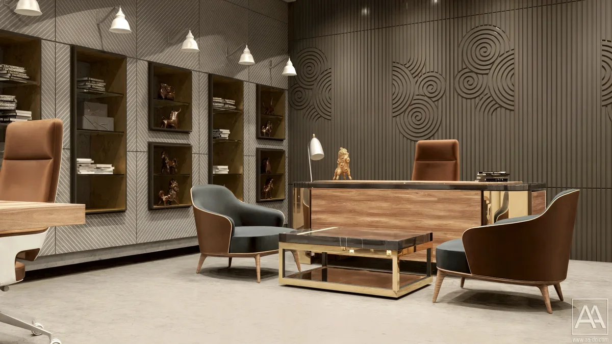 POLIGON ISTANBUL office with a timber desk, dark ribbed feature wall and recessed display shelving