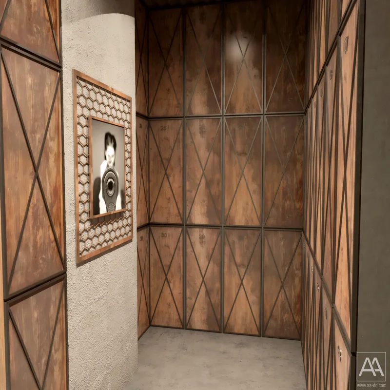 Timber lockers with dark metal cross-bracing in the POLIGON ISTANBUL interior