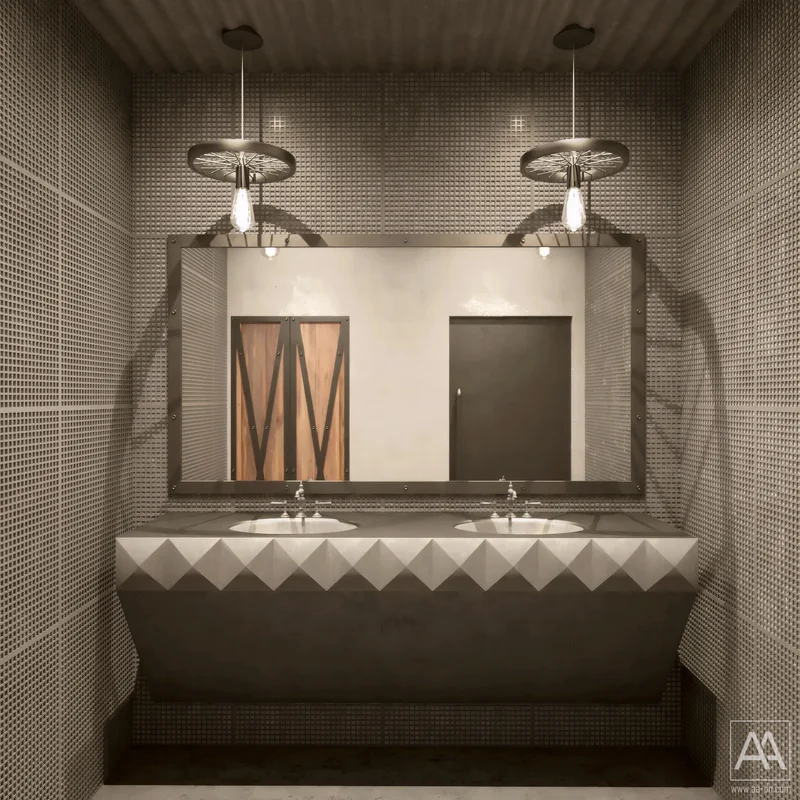 POLIGON ISTANBUL washroom with a faceted twin-basin vanity and industrial pendant lights