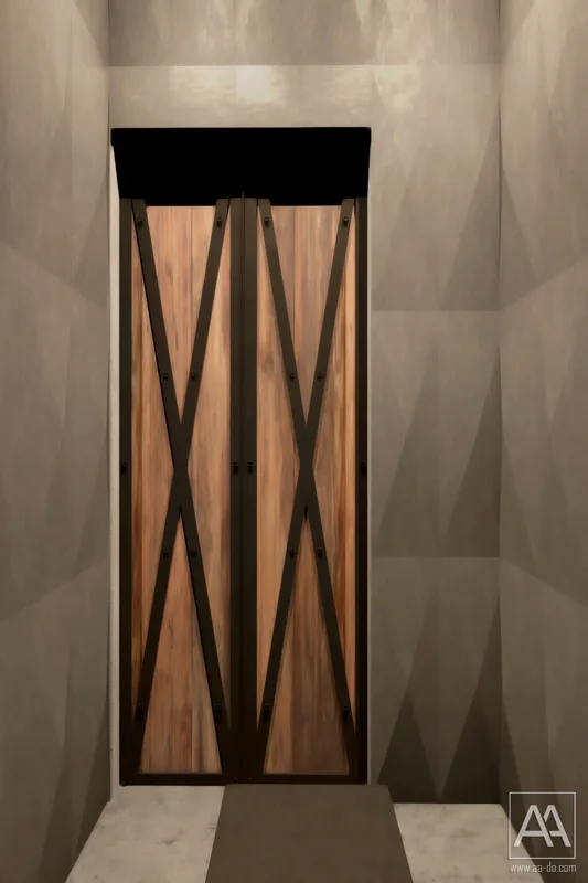 Timber door panels with steel cross-bracing and faceted walls at POLIGON ISTANBUL