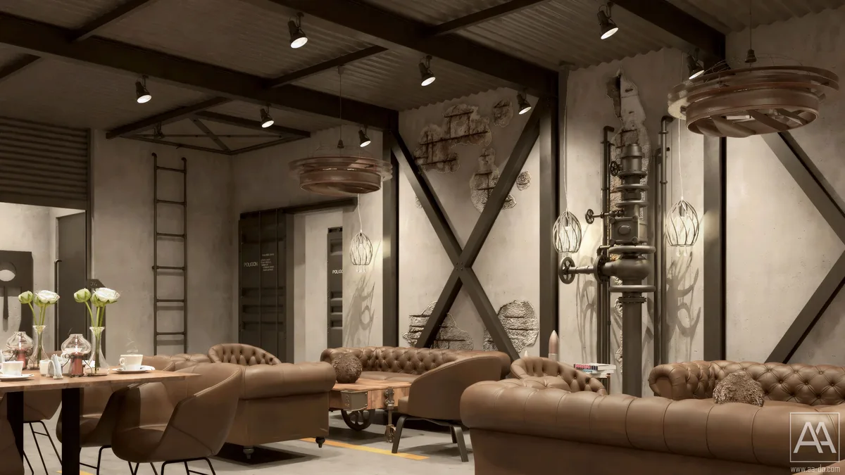 Exposed pipework and dark steel cross-bracing behind leather lounge seating at POLIGON ISTANBUL