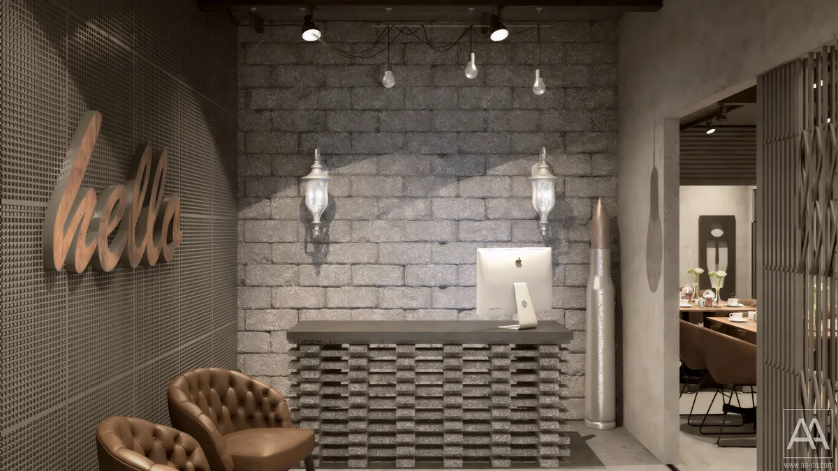 POLIGON ISTANBUL reception desk with a textured brick front and industrial wall finishes