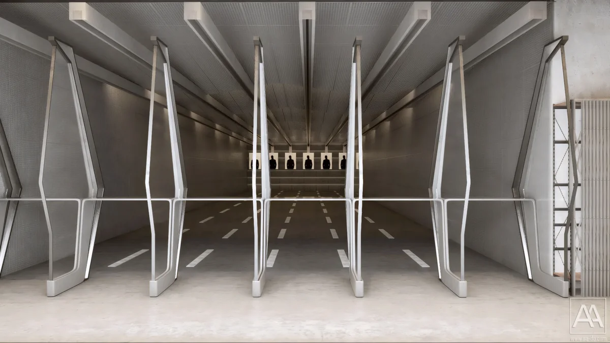 Empty POLIGON ISTANBUL range interior with parallel lanes, glazed partitions and overhead tracks