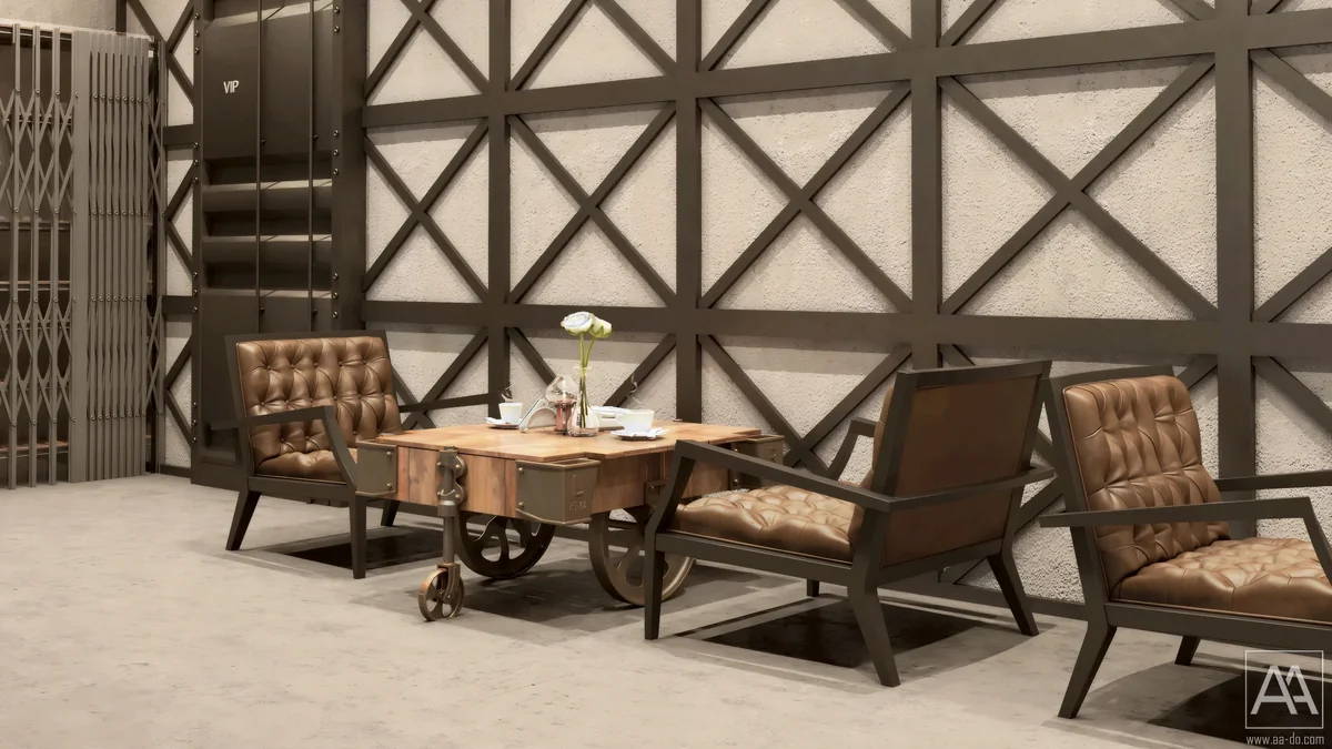 Leather armchairs and a wheeled timber table against a steel cross-braced wall at POLIGON ISTANBUL