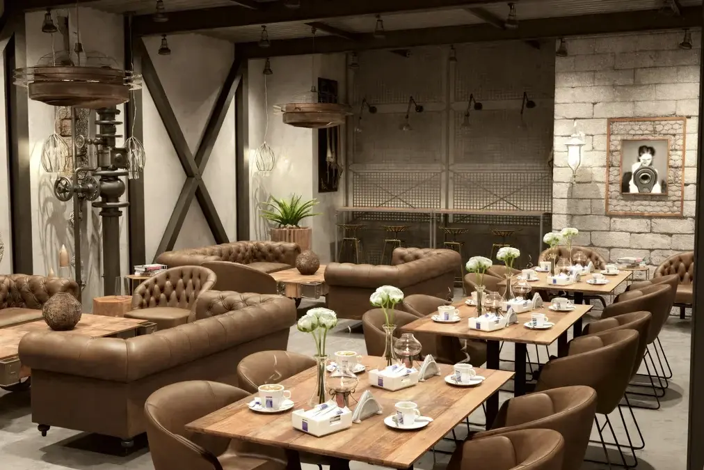 POLIGON ISTANBUL lounge with brown leather seating, timber café tables and exposed steel cross-bracing