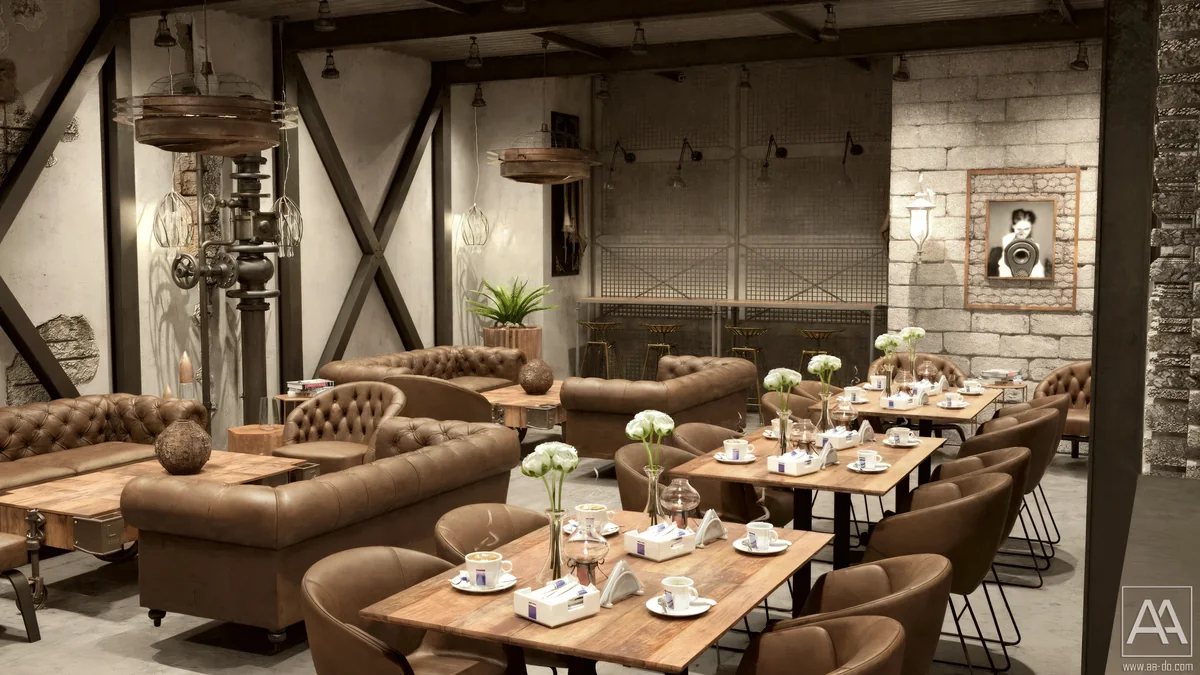 POLIGON ISTANBUL lounge with brown leather seating, timber café tables and exposed steel cross-bracing