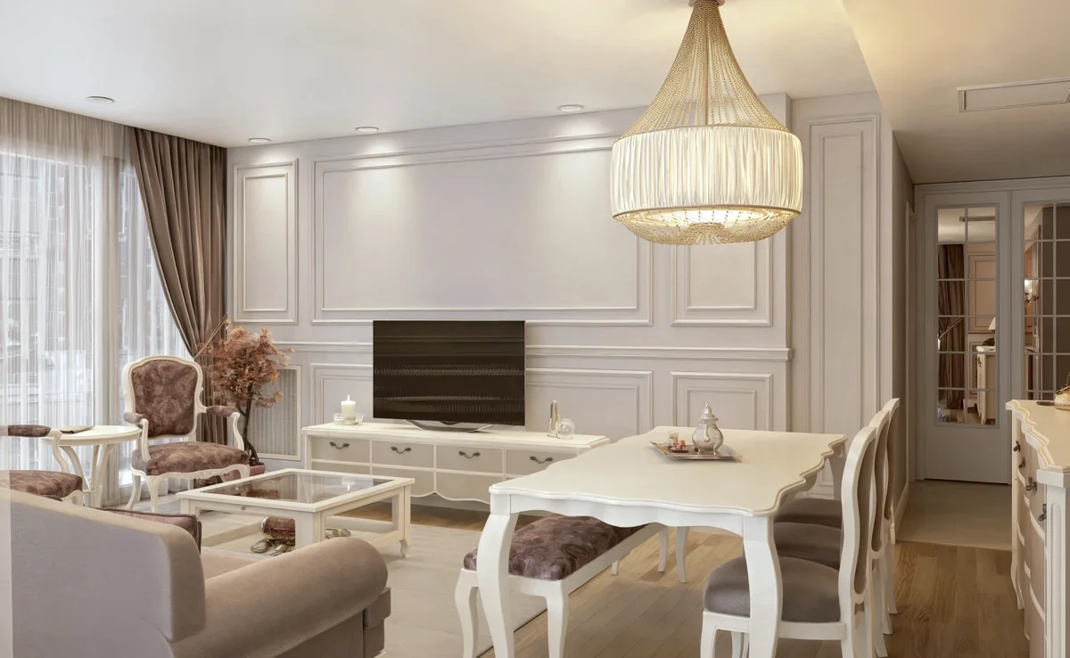Merter living and dining area with a paneled TV wall and a large decorative pendant