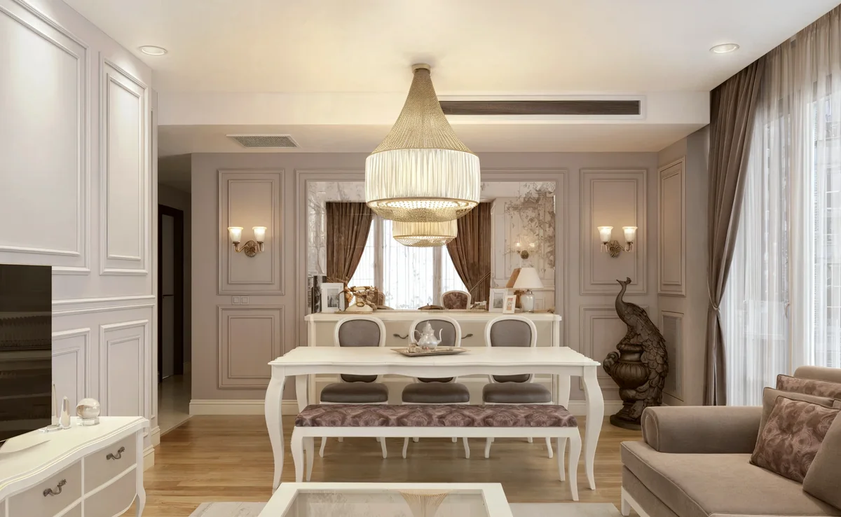 Merter dining area with white furniture, a floral bench and a large framed mirror