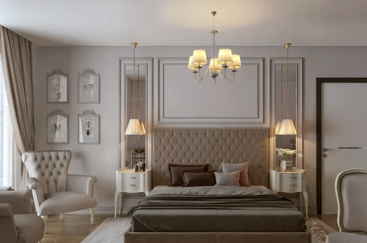 Merter main bedroom with a tufted headboard, pendant bedside lights and mirrored panels