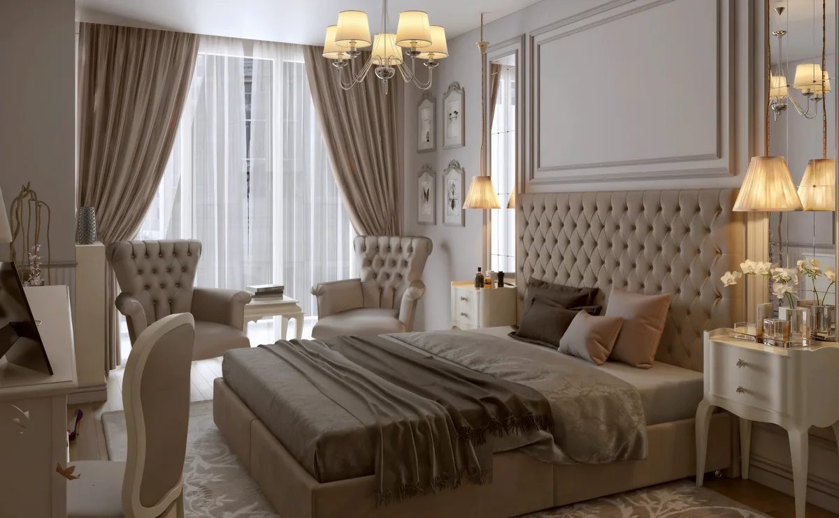 Merter main bedroom with upholstered window seating, a tufted bed and mirrored wall panels
