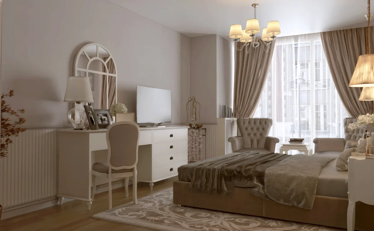 Merter main bedroom with a dressing desk, television and upholstered chairs by the window