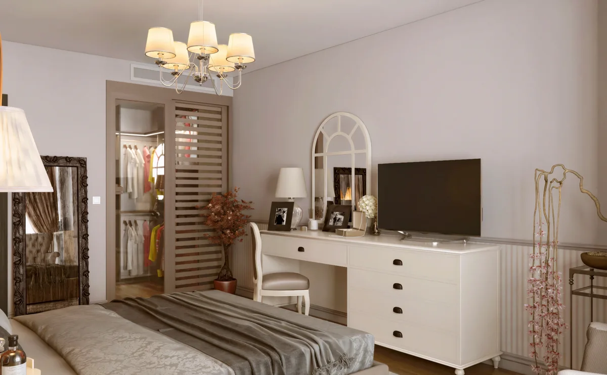 Merter main bedroom dressing desk beside a slatted wardrobe entrance and framed mirror