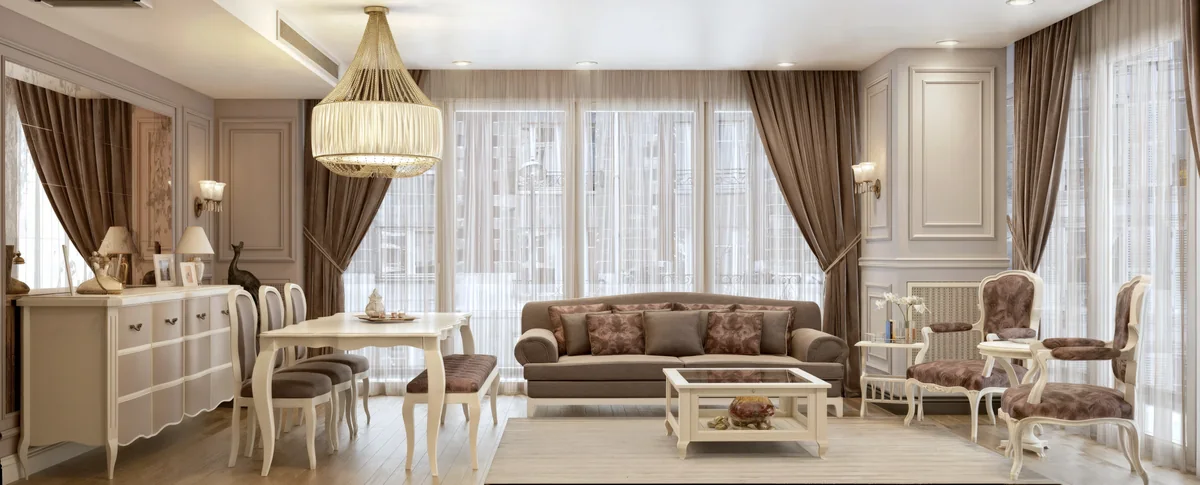 Merter Platform living room with beige seating, white furniture and tall draped windows