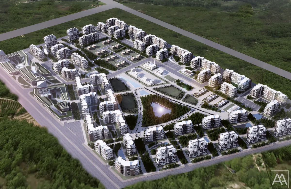 Reverse aerial view of ECO TOWN with apartment blocks, lower housing and central public spaces