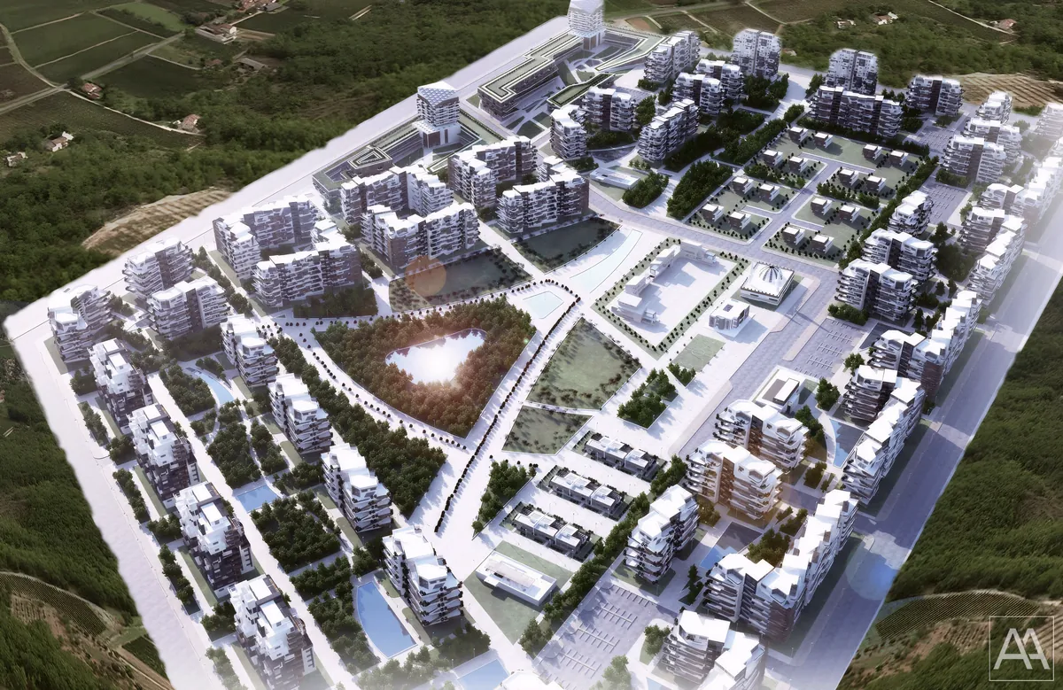Long diagonal aerial of ECO TOWN showing residential blocks, central landscape and civic areas