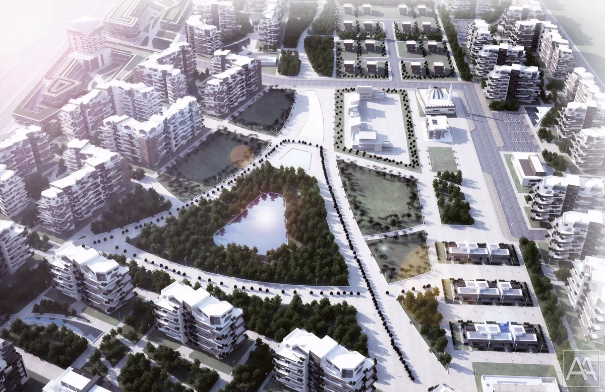 ECO TOWN central park with a pond, planted paths and community buildings