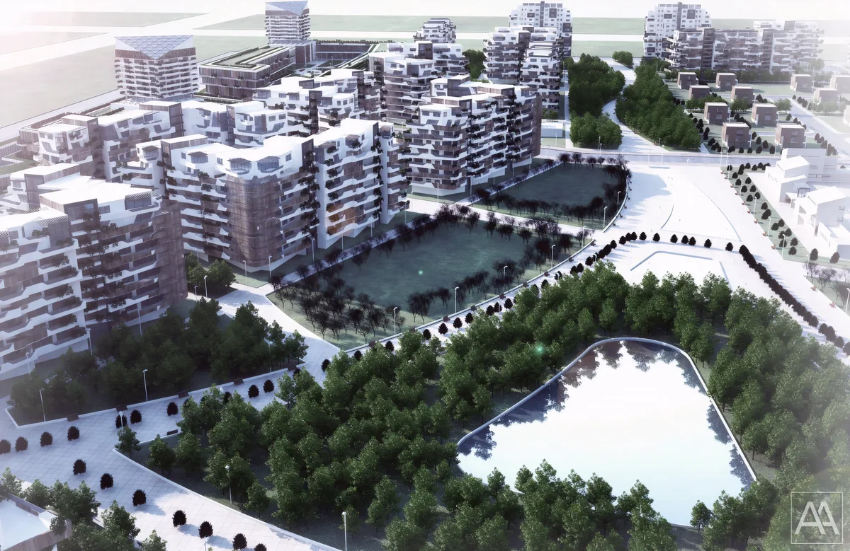 ECO TOWN park edge with a pond, tree-lined paths and apartment buildings