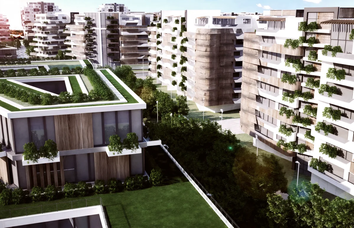 ECO TOWN residential blocks with white balcony bands, curved screens and planted roof edges